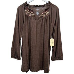 St. Johns Bay Peasant Top XXL Brown Embroidered Knit Tee Blouse Casual Boho NWT